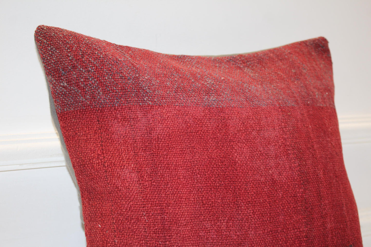 Solid Red Handwoven Rug Cushion, Minimal Rustic Boho Decor, Anatolian Textile Accent(16x16 in)