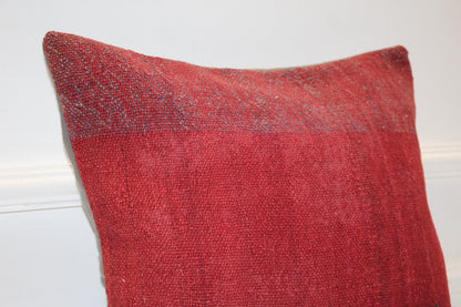 Solid Red Handwoven Rug Cushion, Minimal Rustic Boho Decor, Anatolian Textile Accent(16x16 in)