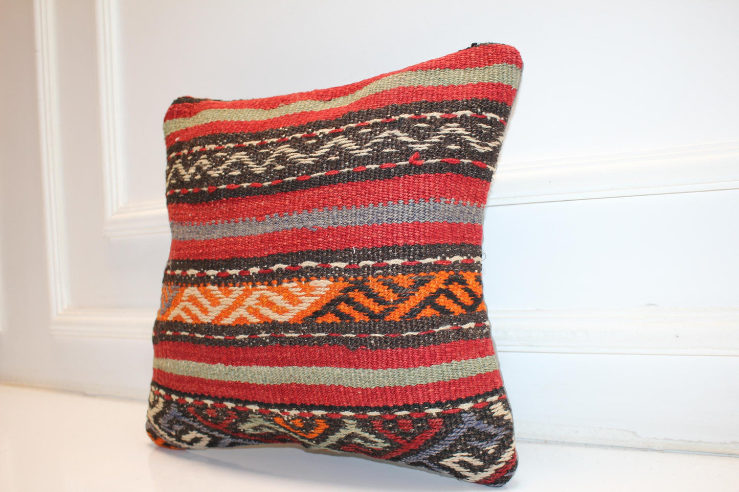 Handwoven Anatolian Rug Cushion, Striped Tribal Boho Decor, Rustic Ethnic Sofa Accent(16x16 in)
