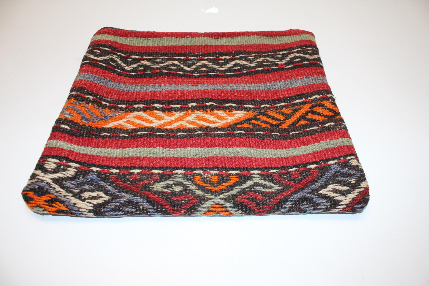 Handwoven Anatolian Rug Cushion, Striped Tribal Boho Decor, Rustic Ethnic Sofa Accent(16x16 in)