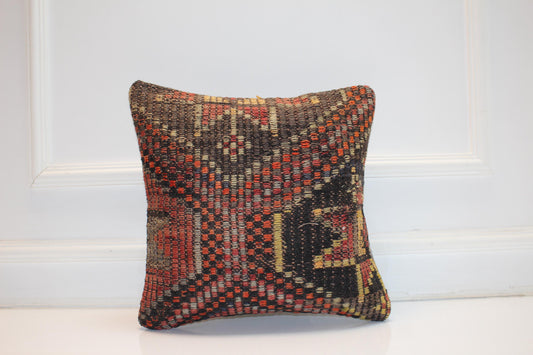 Handwoven Anatolian Rug Cushion, Dark Tribal Boho Decor, Rustic Ethnic Home Accent(16x16 in)