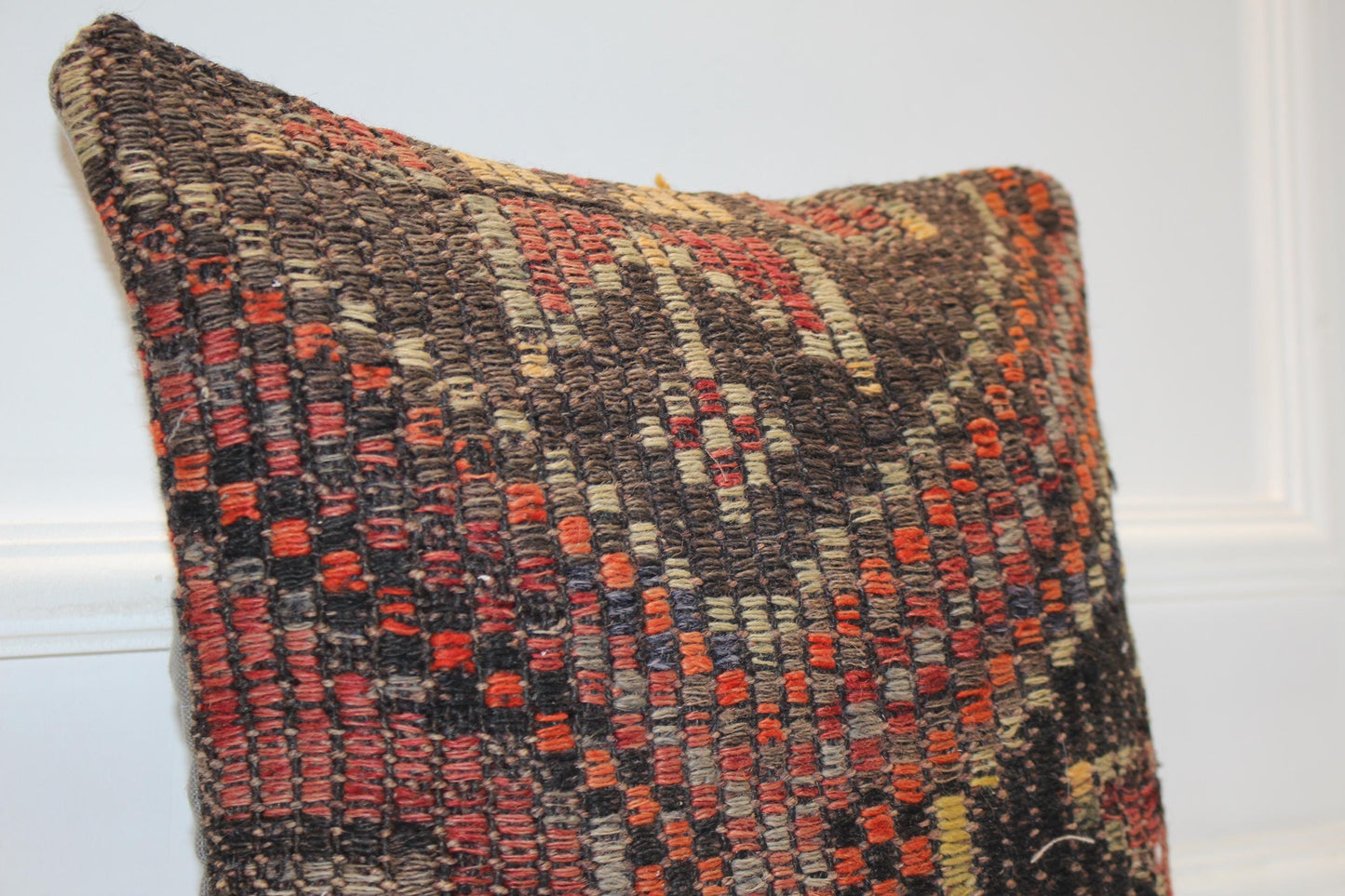 Handwoven Anatolian Rug Cushion, Dark Tribal Boho Decor, Rustic Ethnic Home Accent(16x16 in)