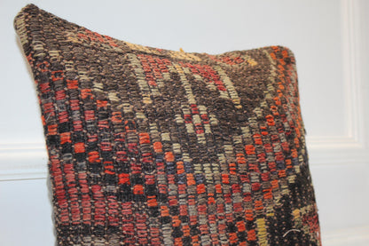 Handwoven Anatolian Rug Cushion, Dark Tribal Boho Decor, Rustic Ethnic Home Accent(16x16 in)