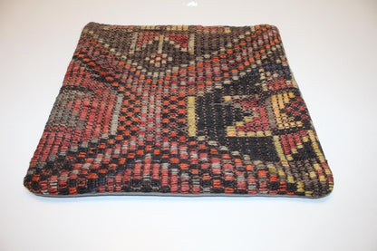 Handwoven Anatolian Rug Cushion, Dark Tribal Boho Decor, Rustic Ethnic Home Accent(16x16 in)