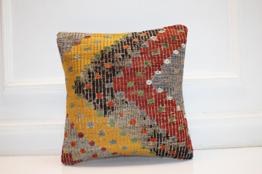 Handwoven Patchwork Rug Cushion, Colorful Anatolian Textile, Boho Ethnic Home Decor(16x16 in)