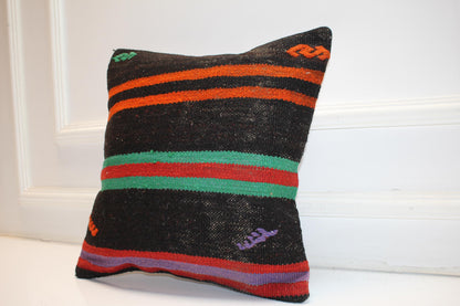 Handwoven Striped Rug Cushion, Bold Color Anatolian Textile, Boho Ethnic Home Decor(16x16 in)