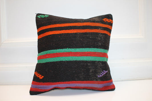 Handwoven Striped Rug Cushion, Bold Color Anatolian Textile, Boho Ethnic Home Decor(16x16 in)