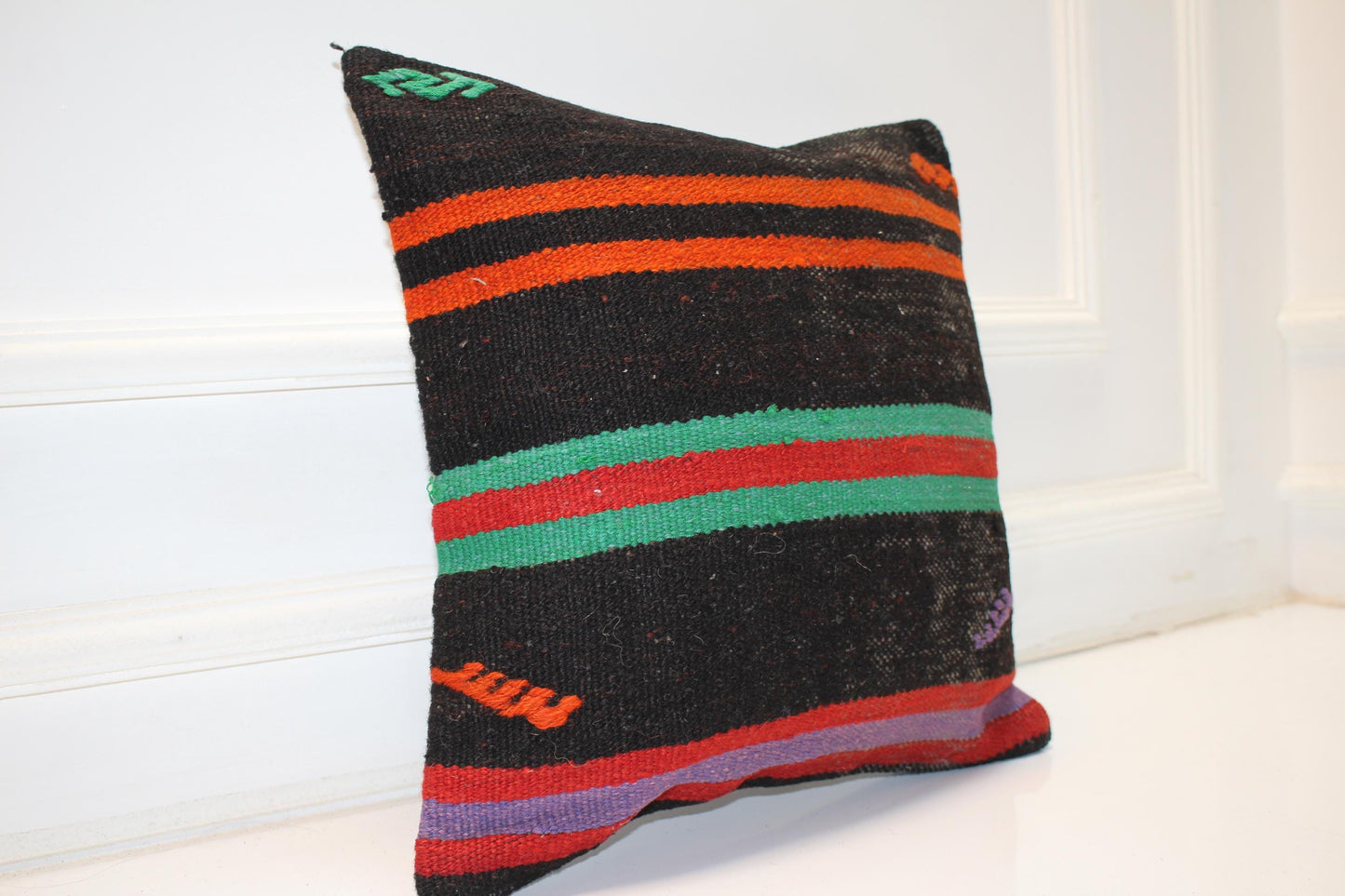 Handwoven Striped Rug Cushion, Bold Color Anatolian Textile, Boho Ethnic Home Decor(16x16 in)