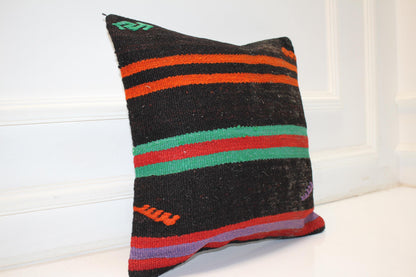 Handwoven Striped Rug Cushion, Bold Color Anatolian Textile, Boho Ethnic Home Decor(16x16 in)