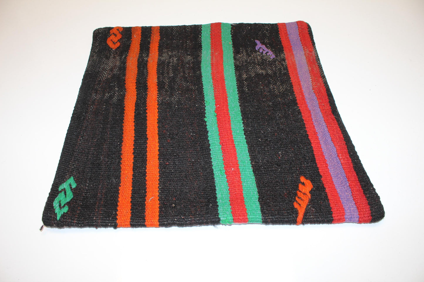 Handwoven Striped Rug Cushion, Bold Color Anatolian Textile, Boho Ethnic Home Decor(16x16 in)