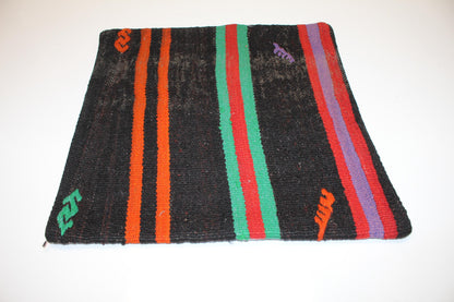 Handwoven Striped Rug Cushion, Bold Color Anatolian Textile, Boho Ethnic Home Decor(16x16 in)