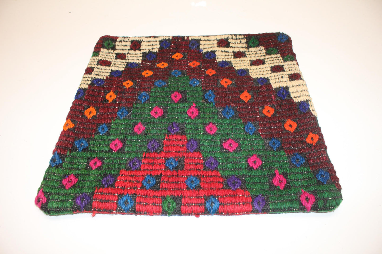 Handwoven Anatolian Rug Cushion, Colorful Geometric Tribal Design, Boho Ethnic Home Decor(16x16 in)