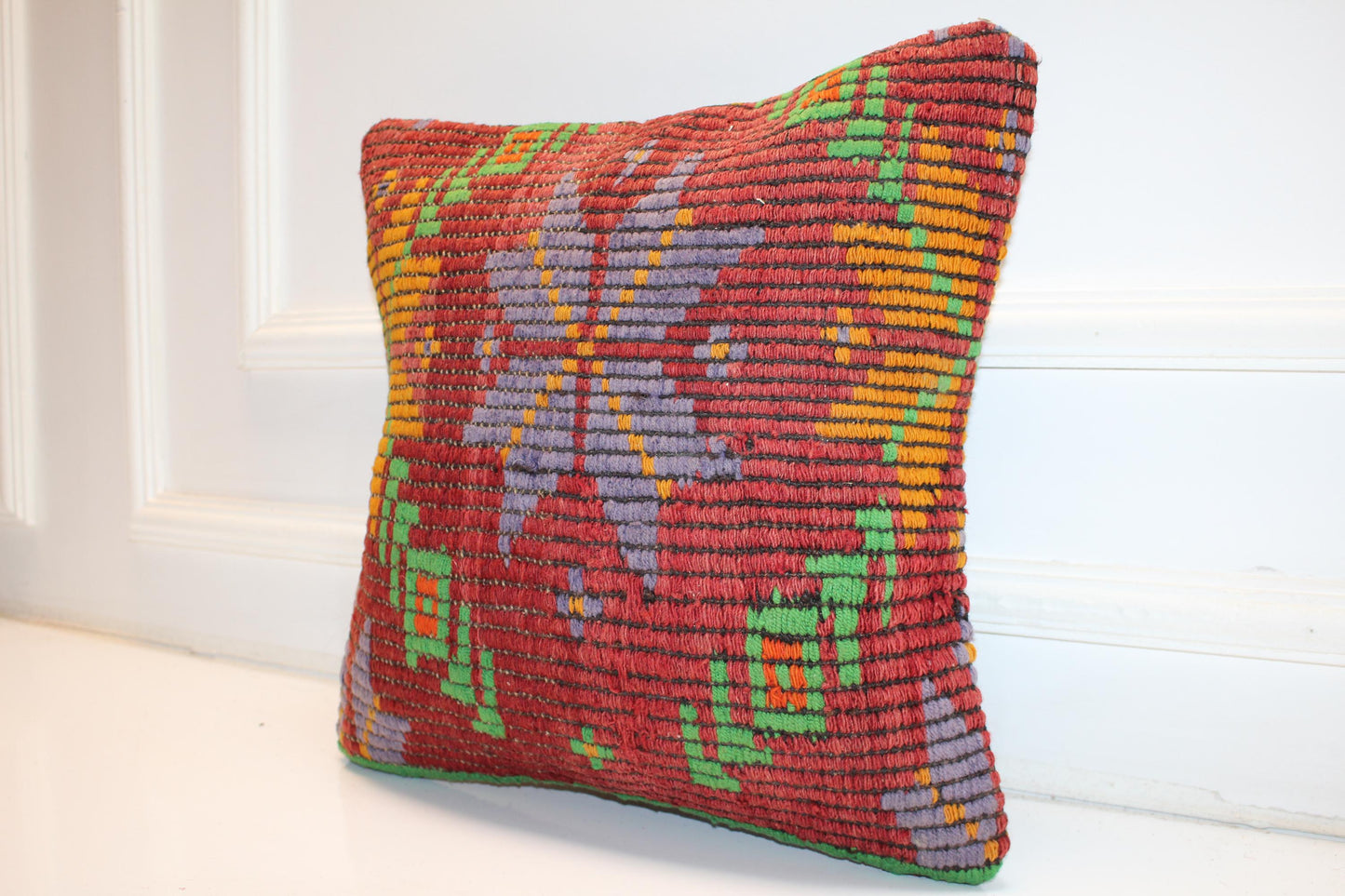 Handwoven Anatolian Rug Cushion, Bold Geometric Motif, Colorful Boho Ethnic Decor(16x16 in)