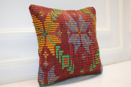 Handwoven Anatolian Rug Cushion, Bold Geometric Motif, Colorful Boho Ethnic Decor(16x16 in)