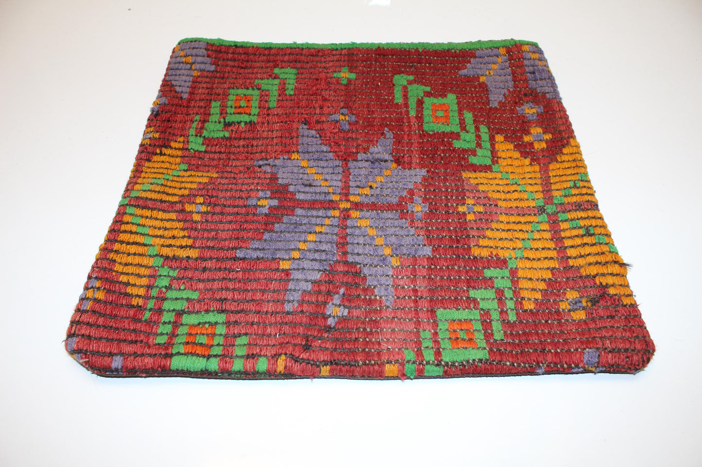 Handwoven Anatolian Rug Cushion, Bold Geometric Motif, Colorful Boho Ethnic Decor(16x16 in)