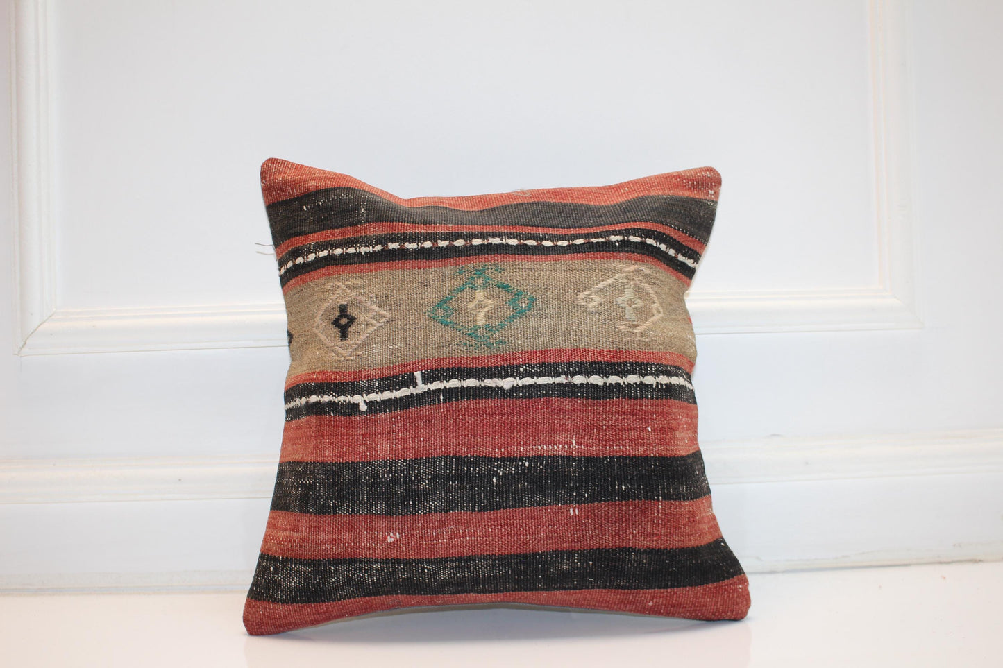 Handwoven Striped Kilim Pillow Cover, Turkish Boho Cushion (16x16 in)
