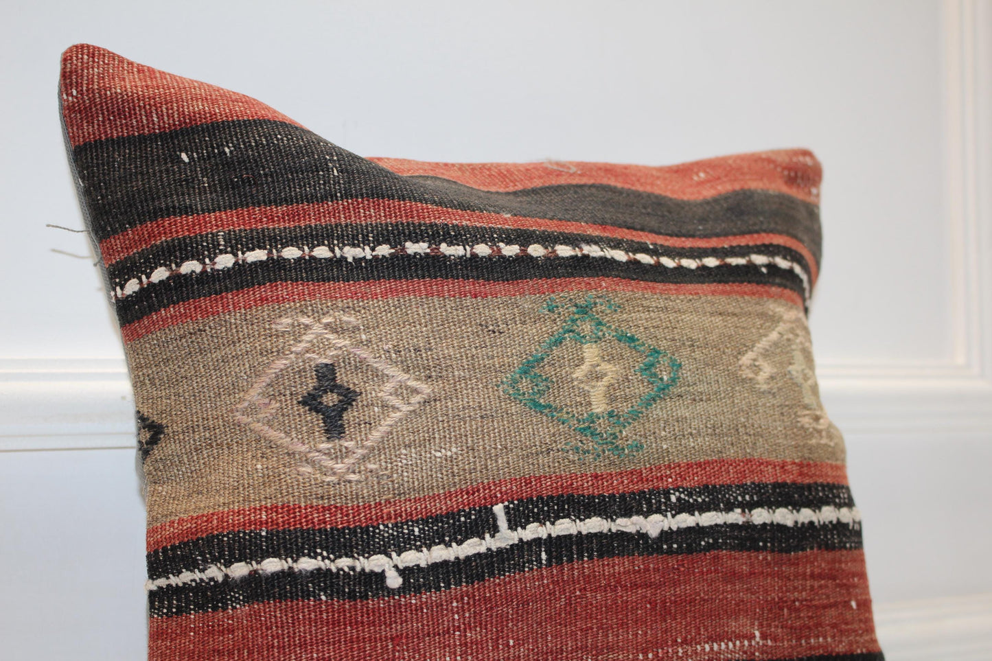 Handwoven Striped Kilim Pillow Cover, Turkish Boho Cushion (16x16 in)