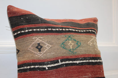 Handwoven Striped Kilim Pillow Cover, Turkish Boho Cushion (16x16 in)