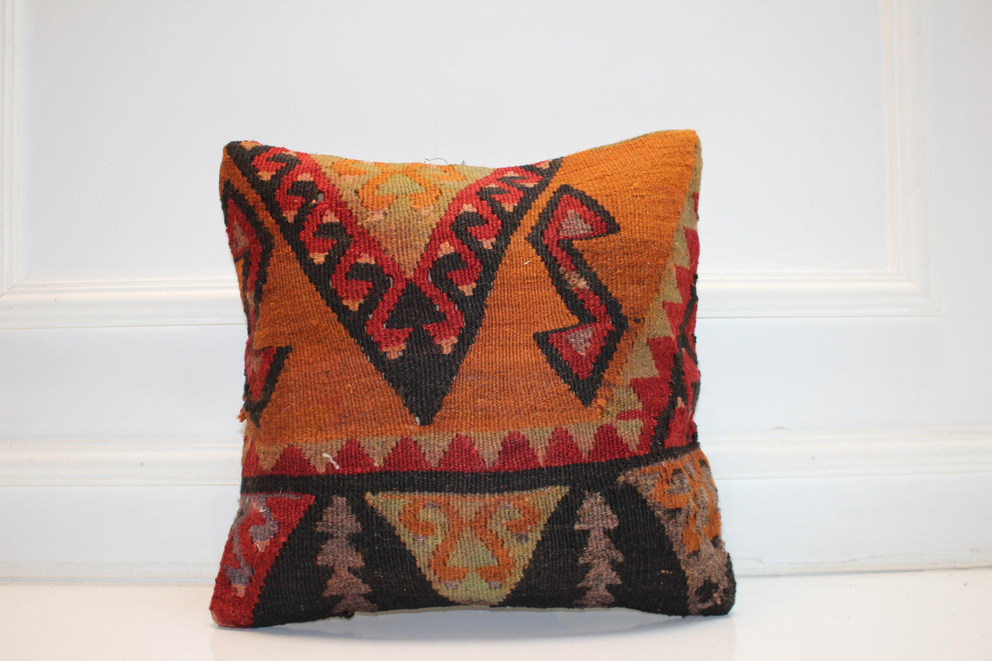 Handwoven Kilim Pillow Cover, Geometric Turkish Rug Cushion (16x16 in)