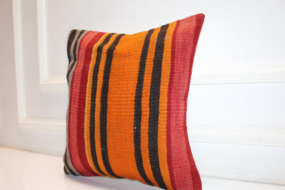 Handwoven Kilim Pillow Cover, Vertical Stripes, Boho Throw Cushion (16x16 in)
