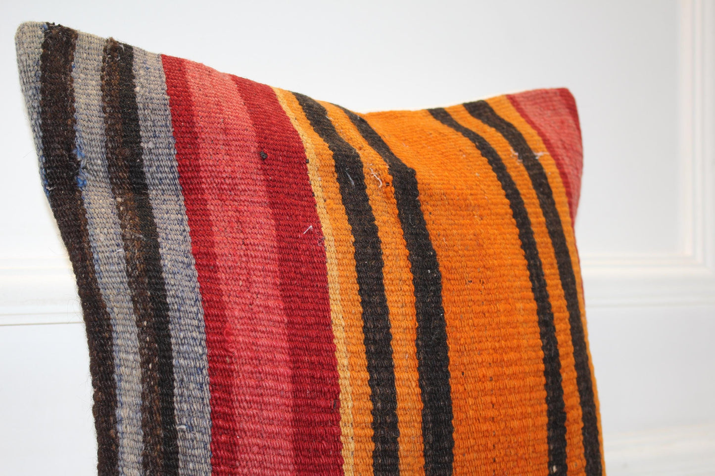 Handwoven Kilim Pillow Cover, Vertical Stripes, Boho Throw Cushion (16x16 in)