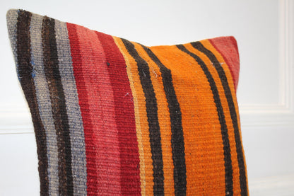 Handwoven Kilim Pillow Cover, Vertical Stripes, Boho Throw Cushion (16x16 in)
