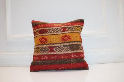 Handwoven Turkish Rug Cushion, Ethnic Tribal Boho Throw Pillow Decor(16x16 in)