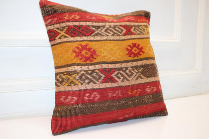 Handwoven Turkish Rug Cushion, Ethnic Tribal Boho Throw Pillow Decor(16x16 in)