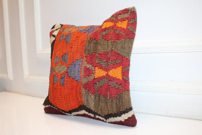 Handwoven Vintage Kilim Pillow Cover, Geometric Turkish Rug Cushion (16x16 in)