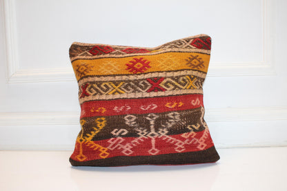 Handwoven Kilim Pillow Cover, Turkish Rug Cushion, Boho Home Decor (16x16 in)