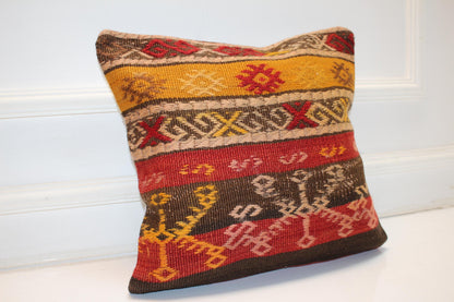 Handwoven Kilim Pillow Cover, Turkish Rug Cushion, Boho Home Decor (16x16 in)