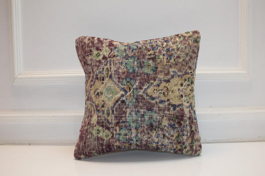 Vintage Turkish Kilim Pillow Cover, Muted Burgundy Green Rug Cushion, Boho Anatolian Decor, Handmade Style Accent Pillow(16x16 in)