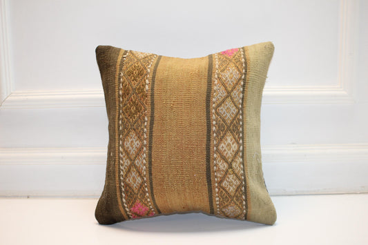Vintage Turkish Kilim Pillow Cover, Earthy Neutral Rug Cushion with Tribal Stripes, Boho Anatolian Home Decor Accent(16x16 in)