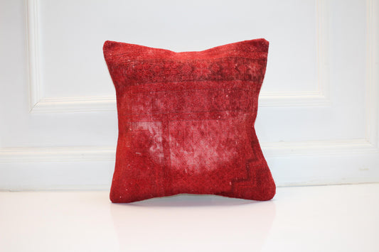 Vintage Turkish Kilim Pillow Cover, Solid Red Rug Cushion, Minimal Boho Accent Pillow, Rustic Anatolian Home Decor(16x16 in)
