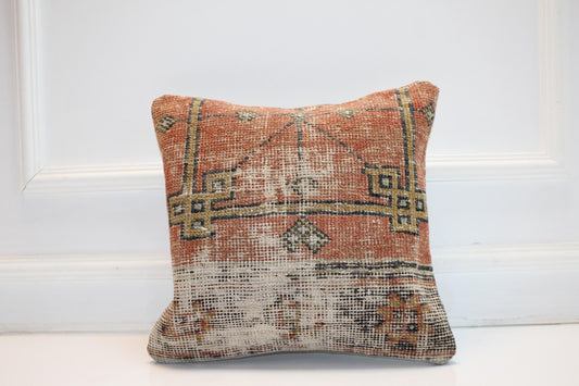 Vintage Turkish Kilim Pillow Cover, Terracotta Earth Tone Rug Cushion with Geometric Motifs, Boho Anatolian Home Decor(16x16 in)
