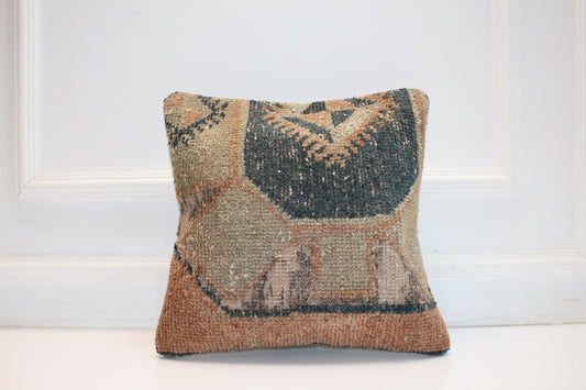 Vintage Turkish Kilim Pillow Cover, Muted Earth Tone Rug Cushion with Abstract Tribal Pattern, Boho Anatolian Decor(16x16 in)