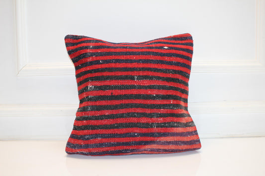 Vintage Turkish Kilim Pillow Cover, Red and Black Striped Rug Cushion, Bold Tribal Boho Accent Pillow Decor(16x16 in)