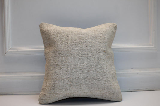 Vintage Turkish Kilim Pillow Cover, Plain Neutral Rug Cushion with Natural Texture, Minimal Boho Wabi Sabi Home Decor(16x16 in)