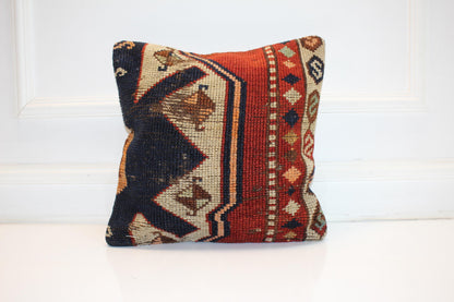 Vintage Turkish Kilim Pillow Cover, Geometric Boho Rug Cushion (16x16 in)