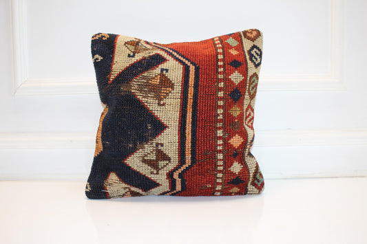 Vintage Turkish Kilim Pillow Cover, Geometric Boho Rug Cushion (16x16 in)