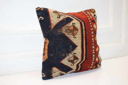 Vintage Turkish Kilim Pillow Cover, Geometric Boho Rug Cushion (16x16 in)