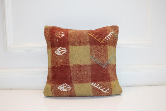 Vintage Turkish Kilim Pillow Cover, Earth Tone Patchwork Rug Cushion with Subtle Tribal Motifs, Rustic Boho Home Decor(16x16 in)
