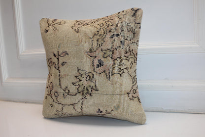 Vintage Turkish Kilim Pillow Cover, Beige Woven Rug Cushion (16x16 in)