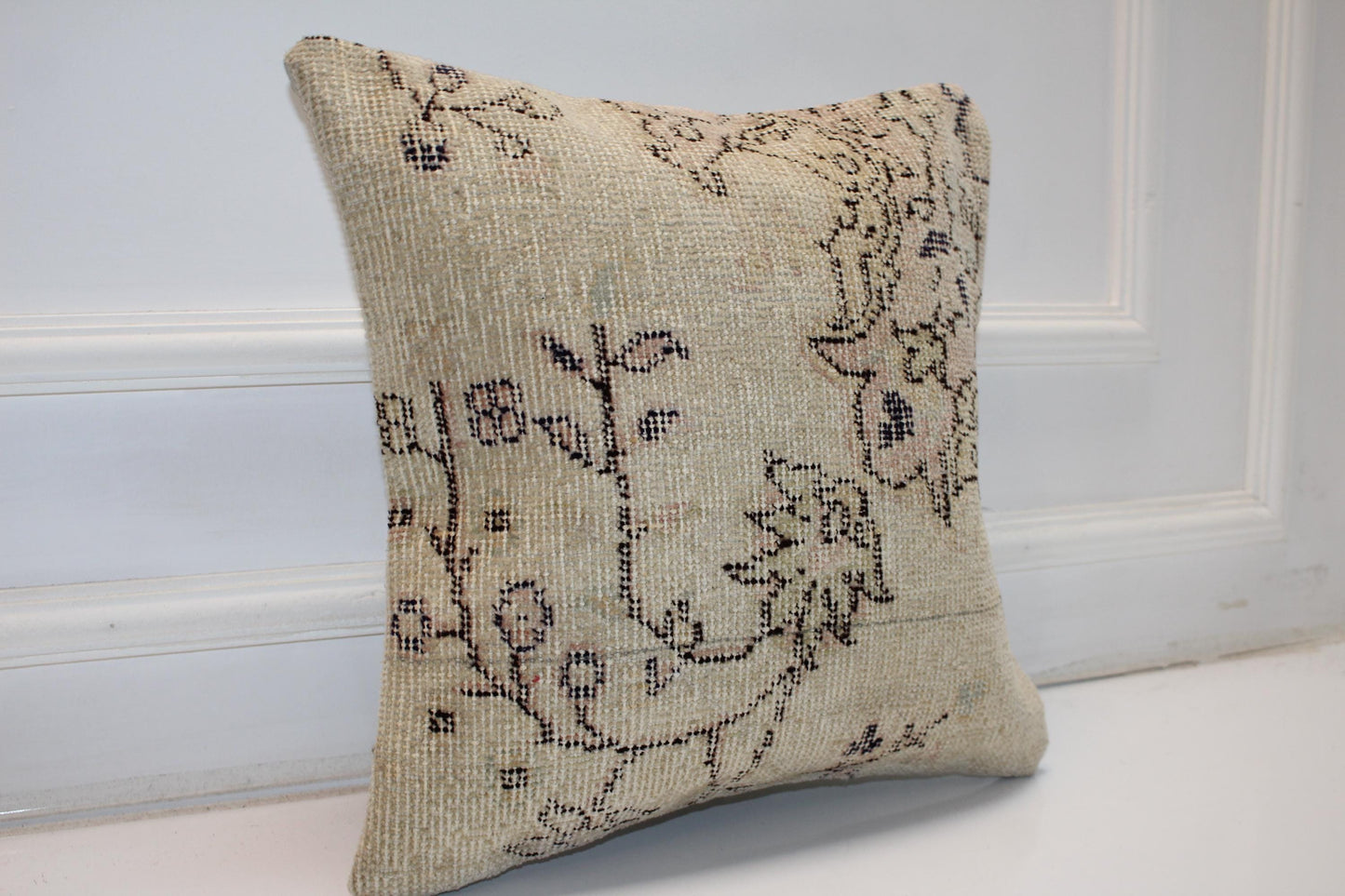 Vintage Turkish Kilim Pillow Cover, Beige Woven Rug Cushion (16x16 in)