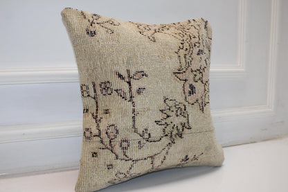 Vintage Turkish Kilim Pillow Cover, Beige Woven Rug Cushion (16x16 in)