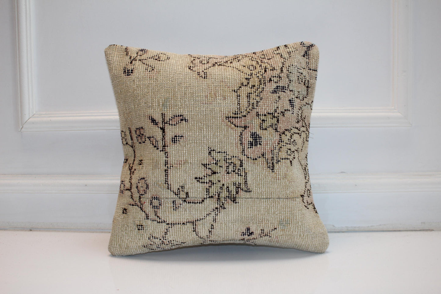 Vintage Turkish Kilim Pillow Cover, Beige Woven Rug Cushion (16x16 in)