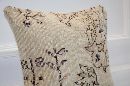 Vintage Turkish Kilim Pillow Cover, Beige Woven Rug Cushion (16x16 in)