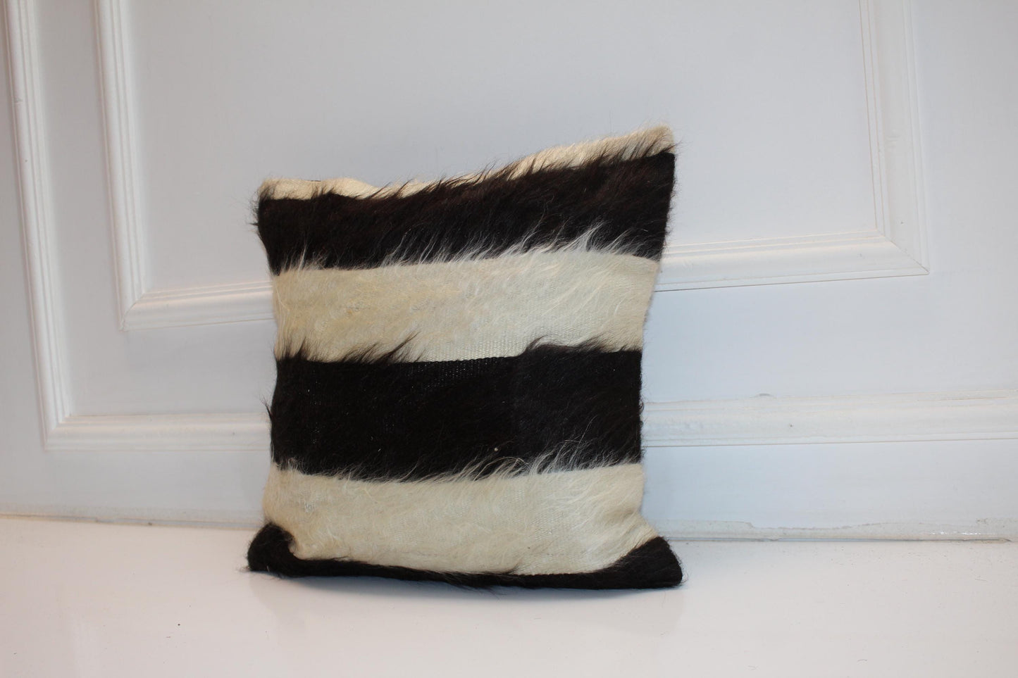 Black White Striped Wool Cushion, Minimal Rustic Boho Decor, Handmade Square Accent Pillow(16x16 in)