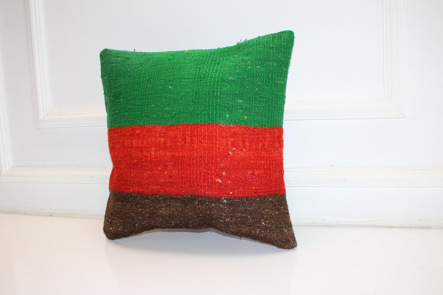 Green Red Color Block Rug Cushion, Bold Rustic Boho Decor, Handmade Square Accent Pillow(16x16 in)