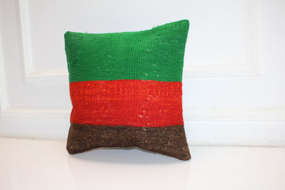 Green Red Color Block Rug Cushion, Bold Rustic Boho Decor, Handmade Square Accent Pillow(16x16 in)